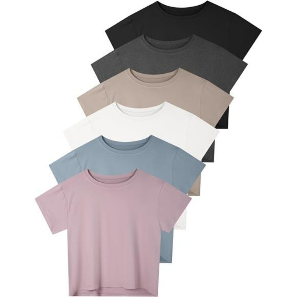 Womens Crop Top Short Sleeve Workout Shirts Gym Yoga Running Loose Fit Tees